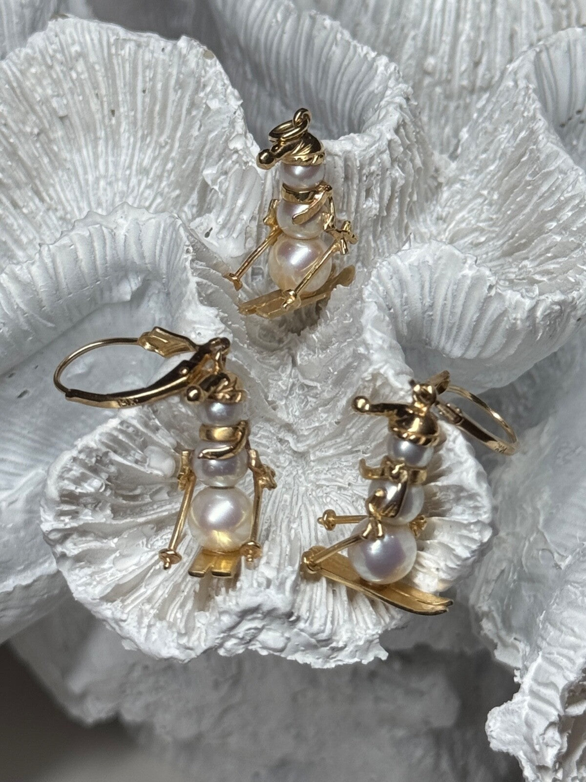 14K Yellow Gold Pearls Earrings & Pendant Skiing Snowmens ON Skis
