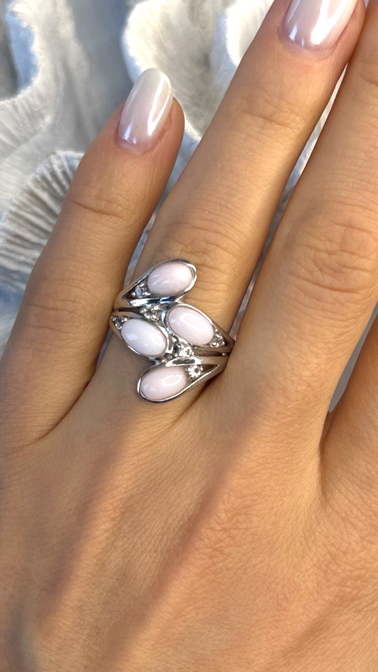 925 Sterling Silver Peruvian Pink Opal & White Colorless Beryl Ring Size 8