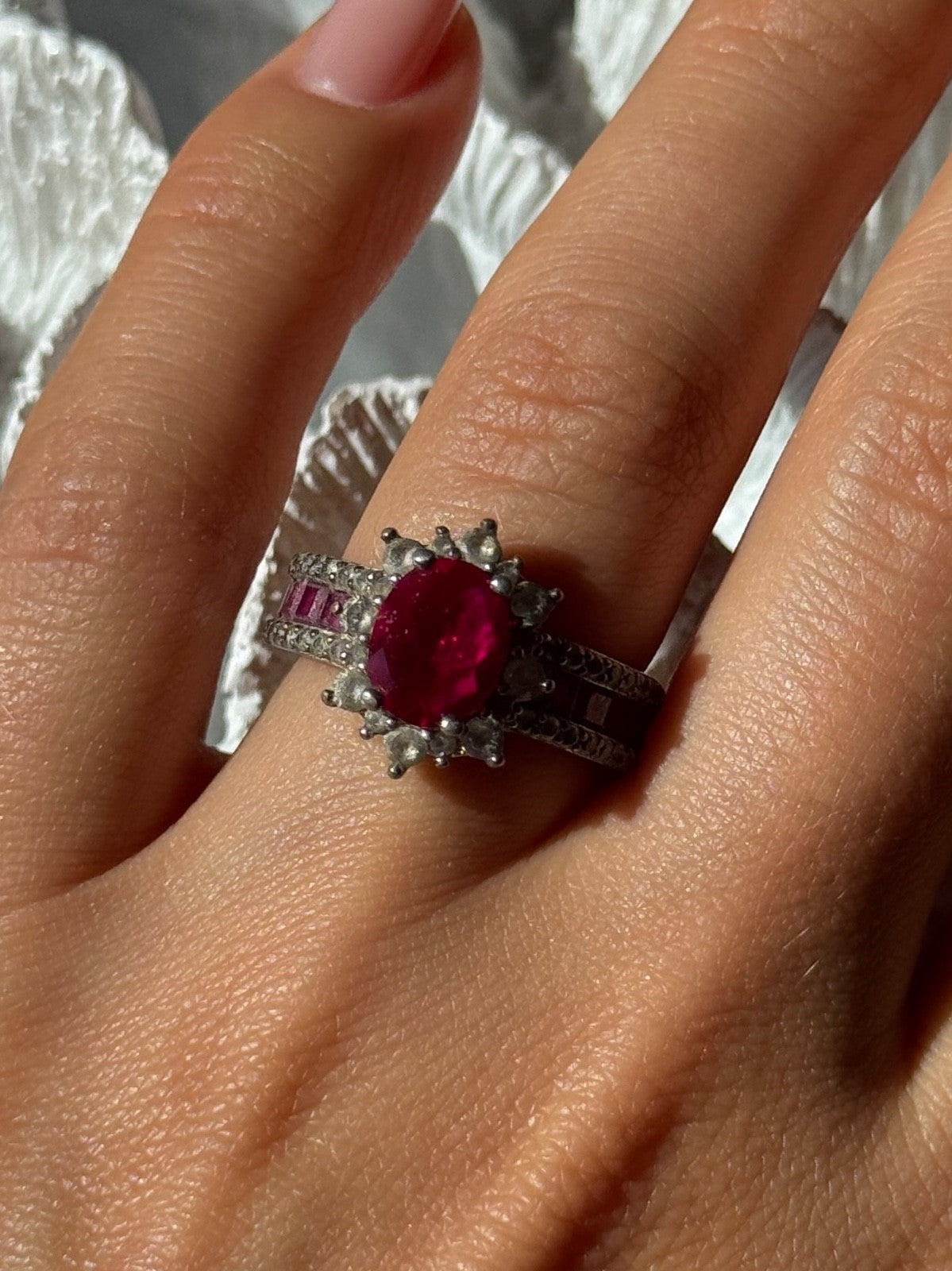 925 Sterling Silver Ruby & Beryl Flower Ring Size 7