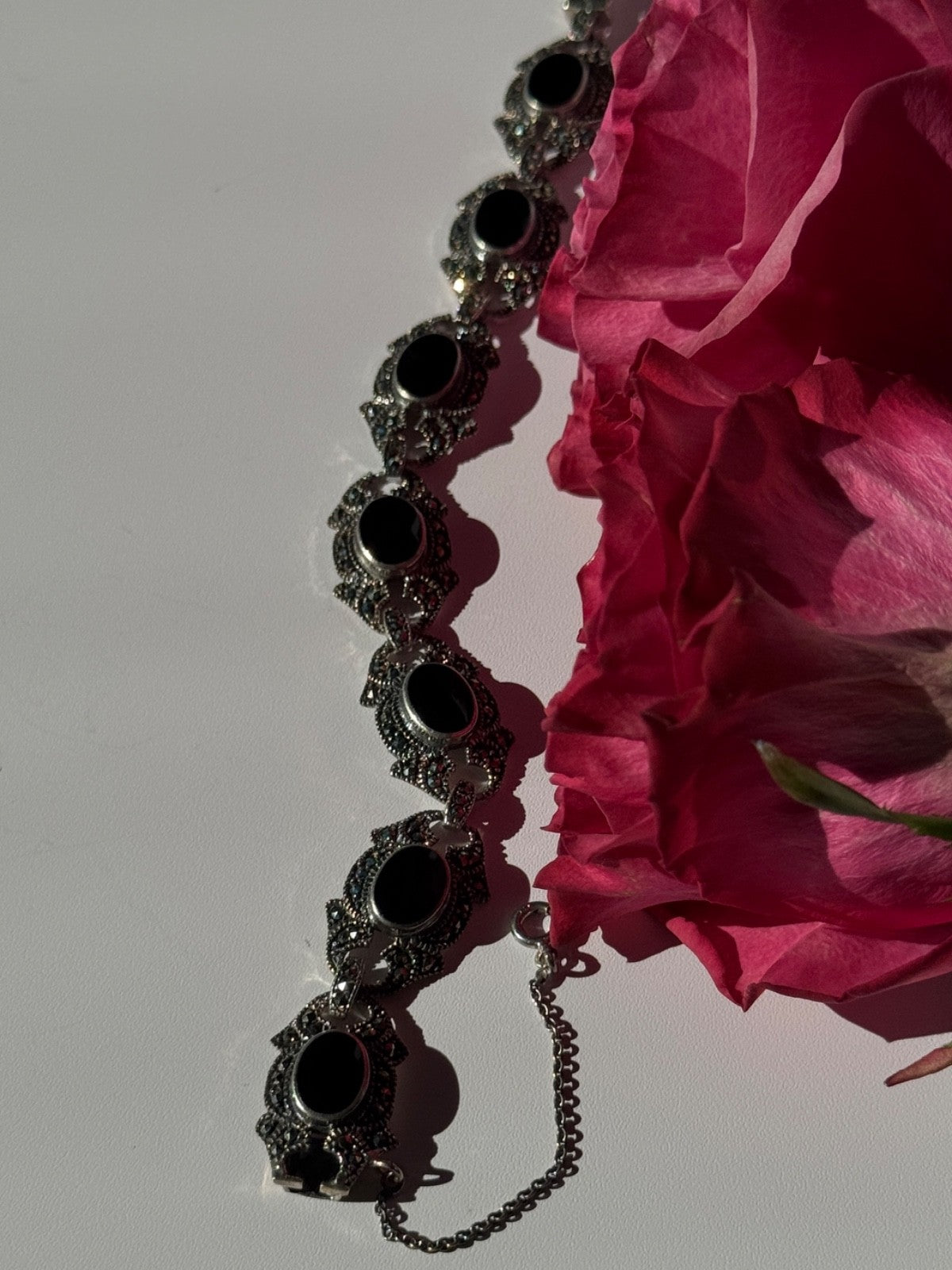 Vintage 925 Sterling Silver Onyx & Marcasite Bracelet 7 Inch