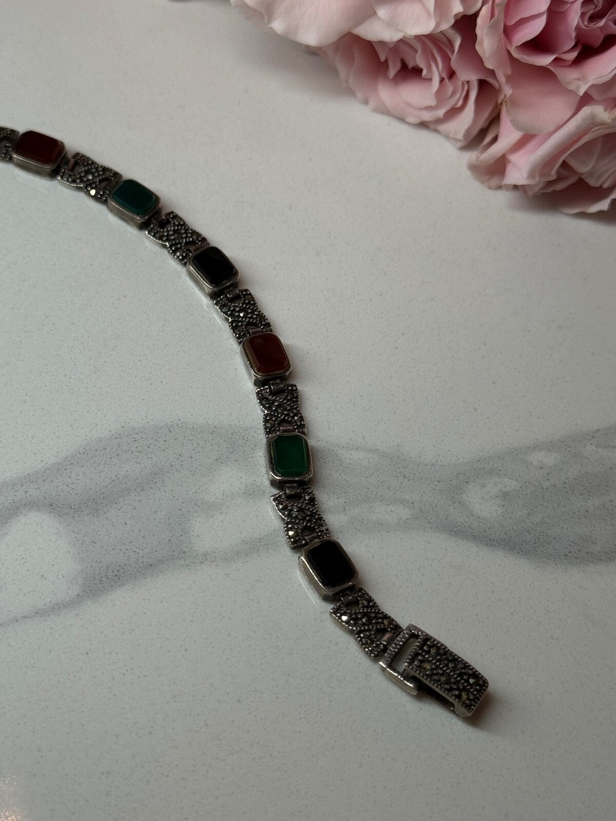 925 Sterling Silver Nephrite & Marcasite Bracelet Length 7.5 Inch