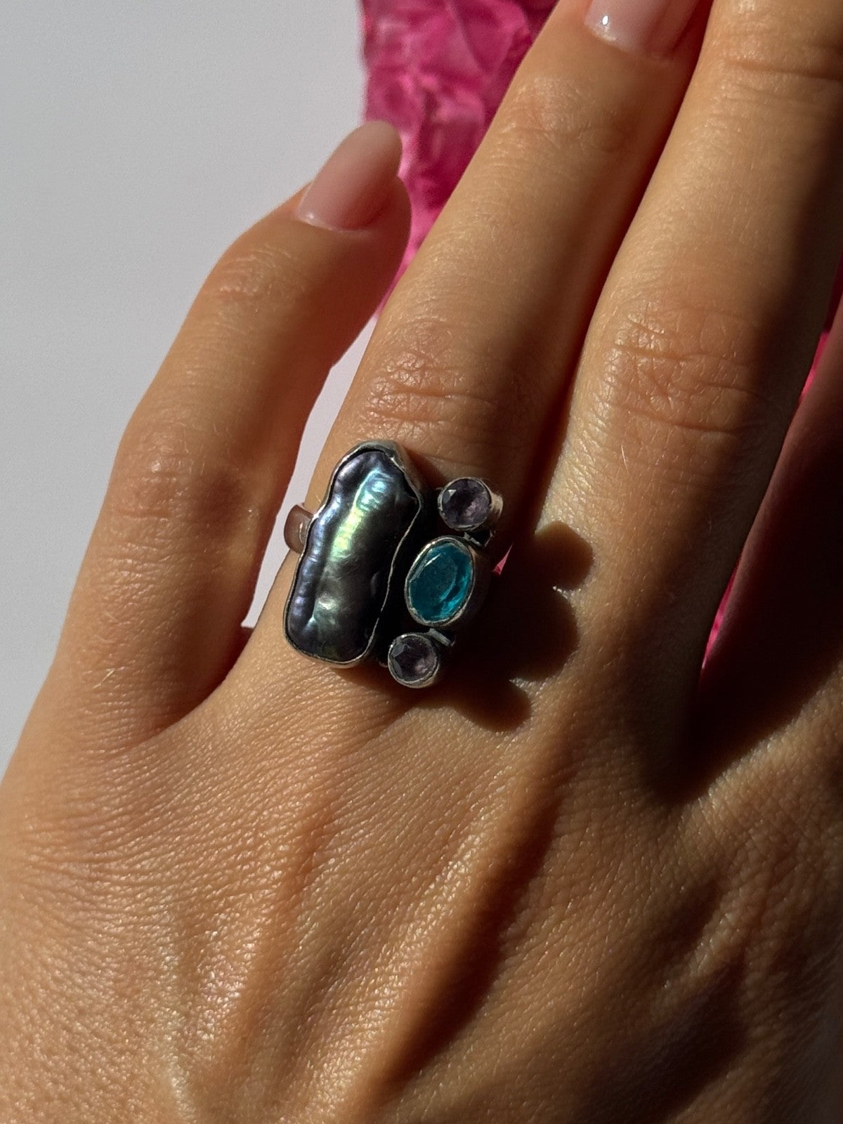 925 Sterling Silver Abalone Amethyst Aquamarine Ring Size 6