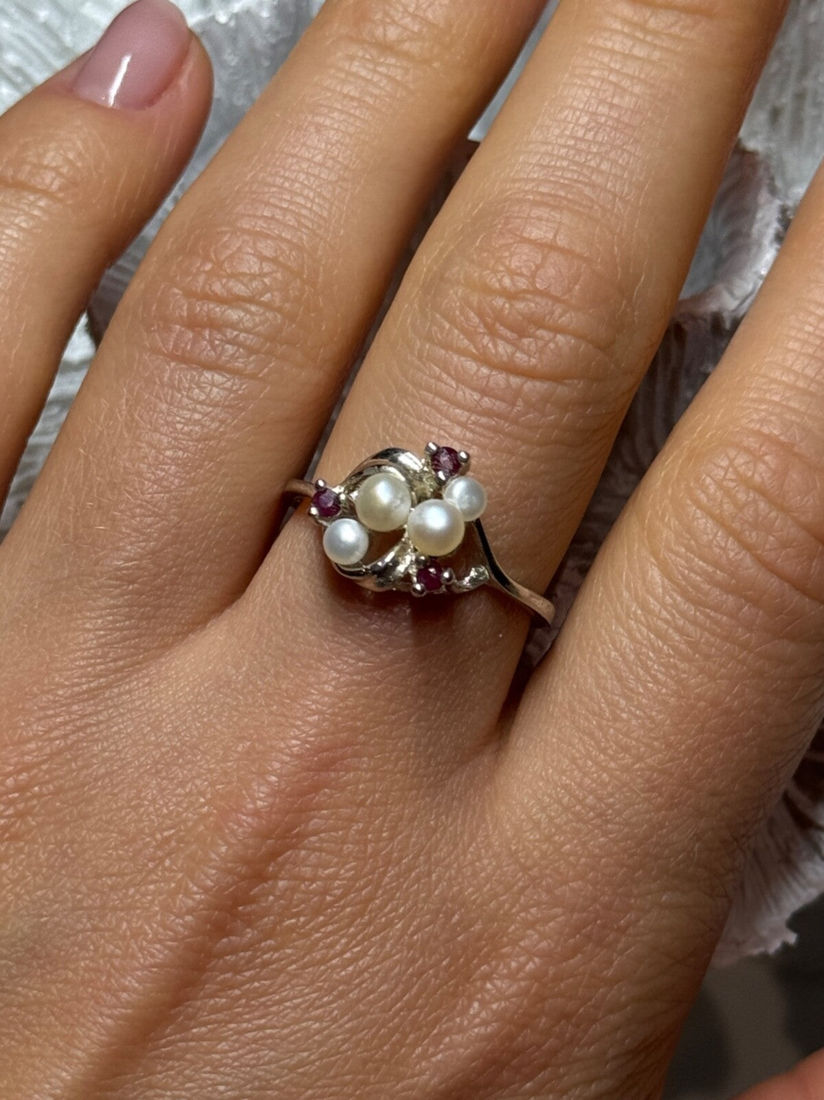 925 Sterling Silver Pearls & Ruby Ring Size 8