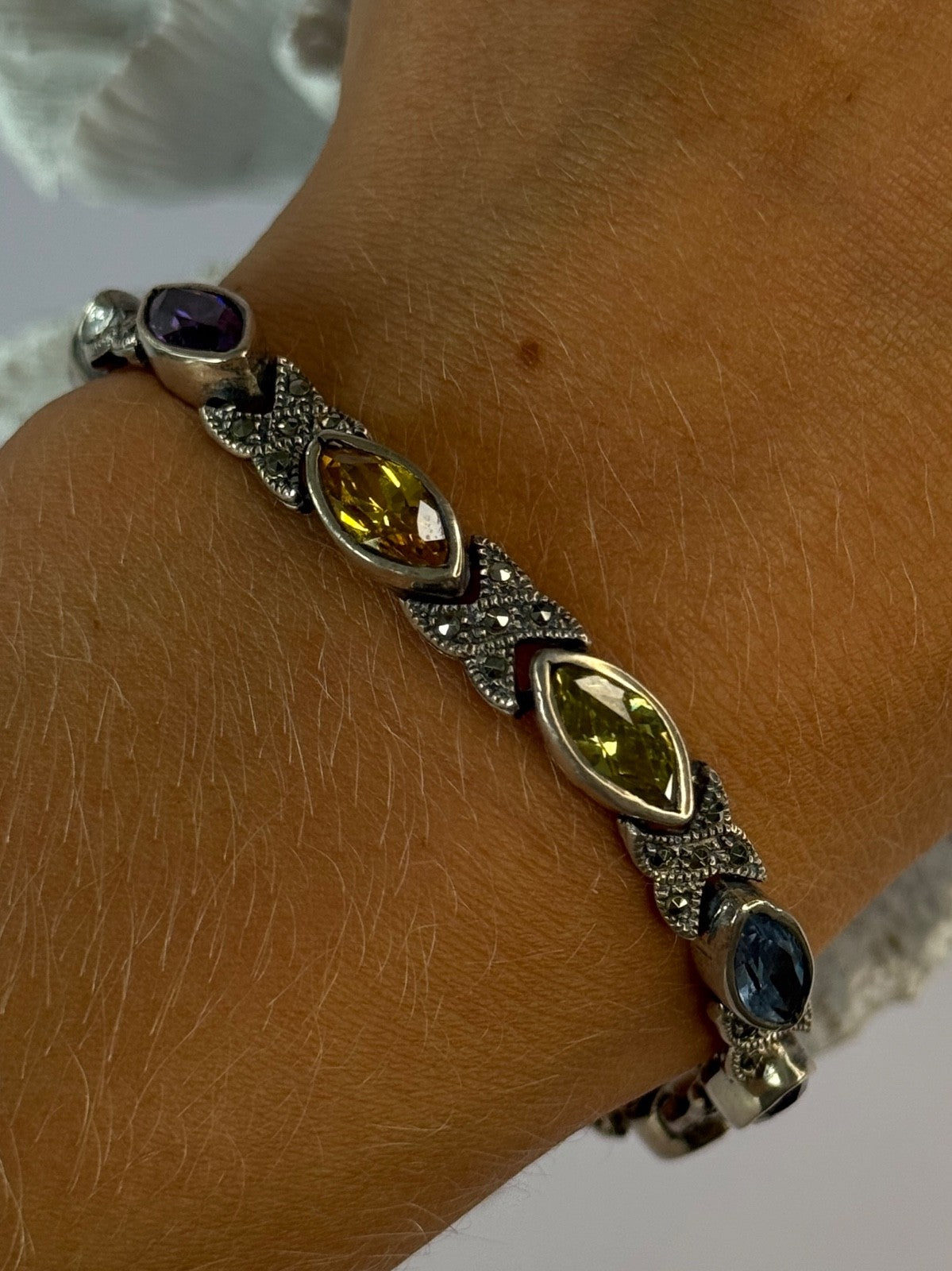 Vintage 925 Sterling Silver Multi Color Gemstones Bracelet Length 7