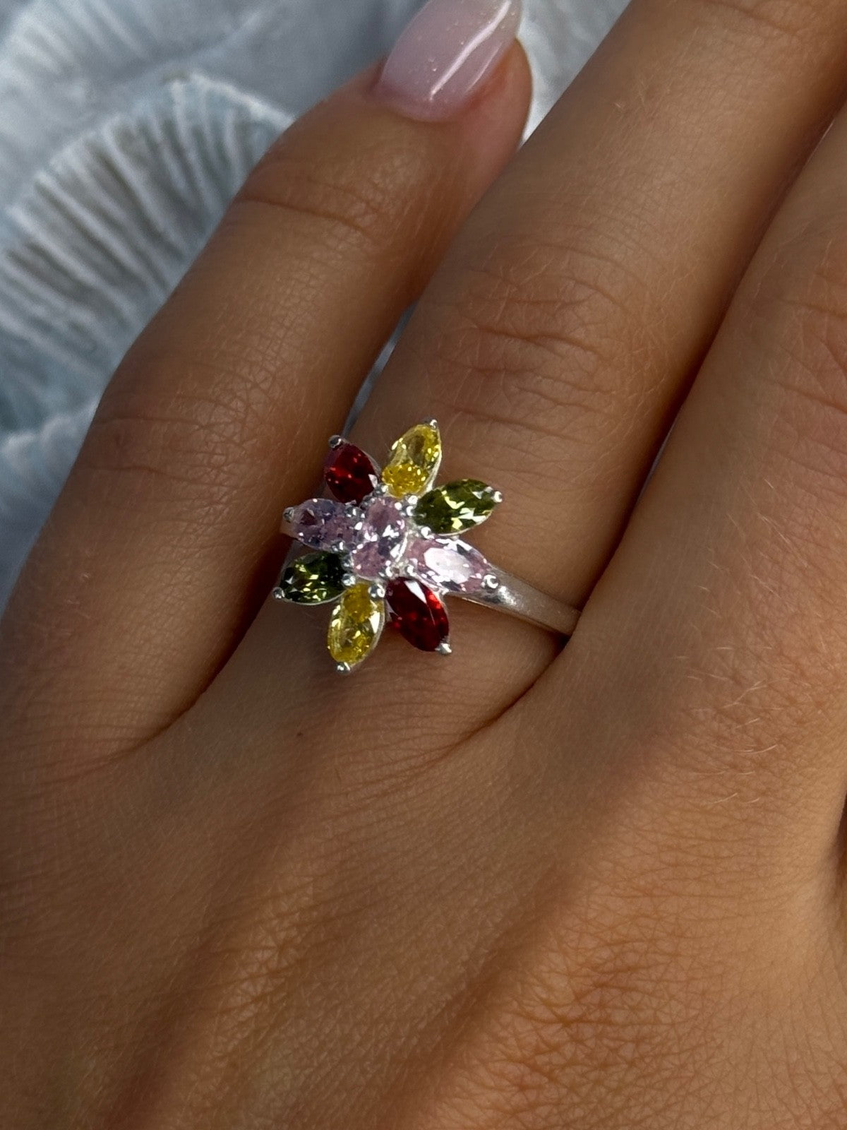 925 Sterling Silver Multi Color Spinel Flower Ring Size 7
