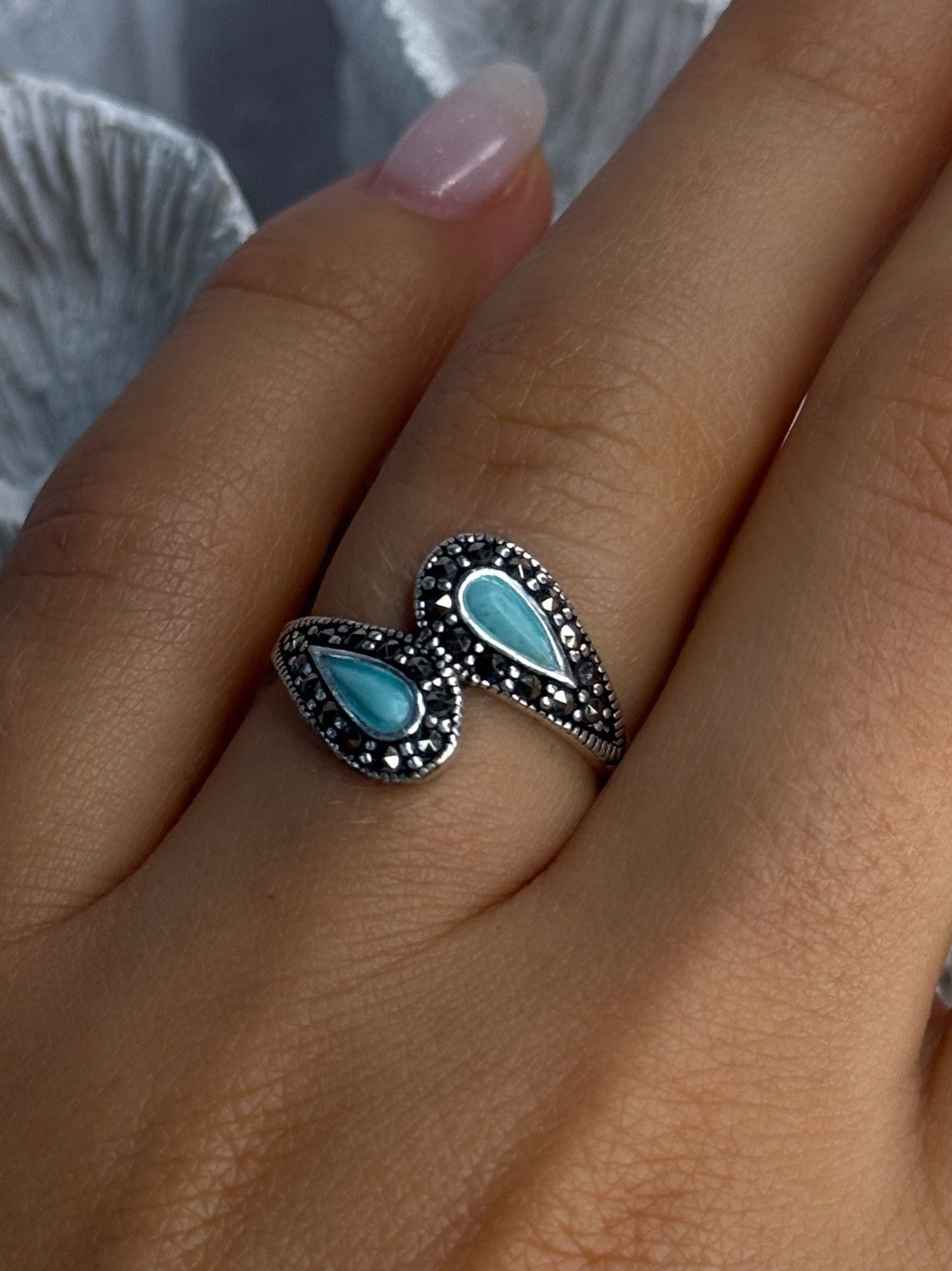925 Sterling Silver Turquoise & Marcasite Ring Size 7