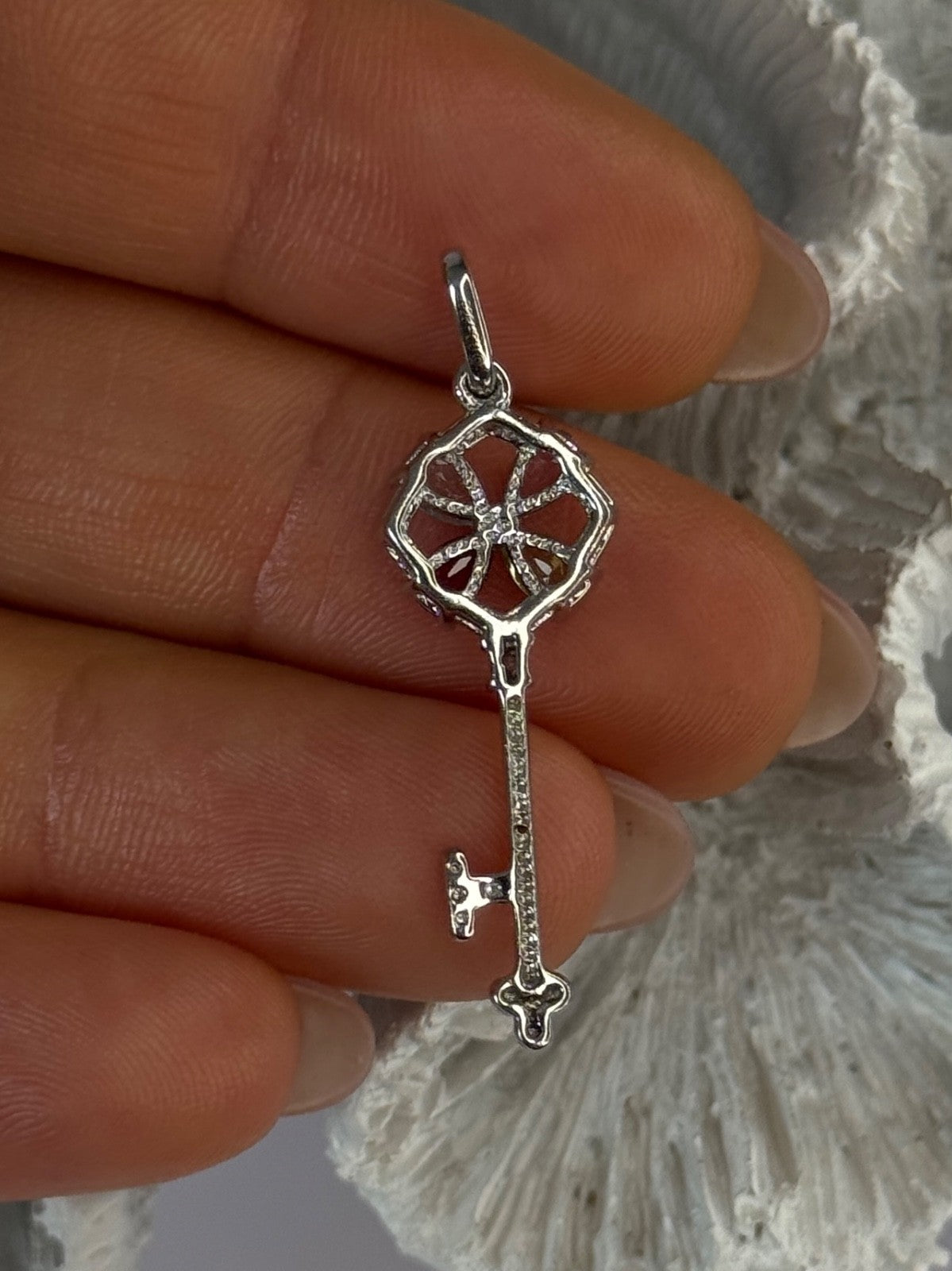 925 Sterling Silver Flower Key Multi Color Gemstones Pendant Length 1.40 Inch