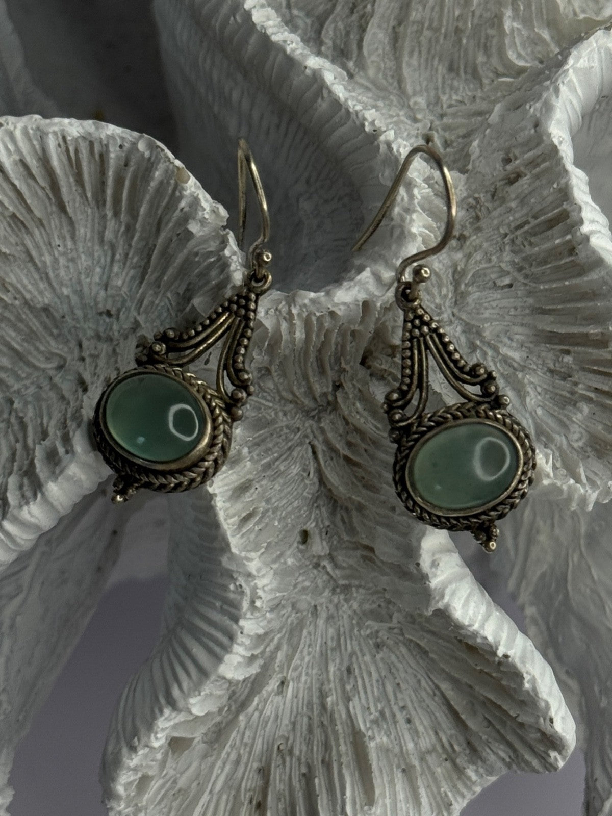 Vintage 925 Sterling Silver Jade Earrings Length 1.40 Inch