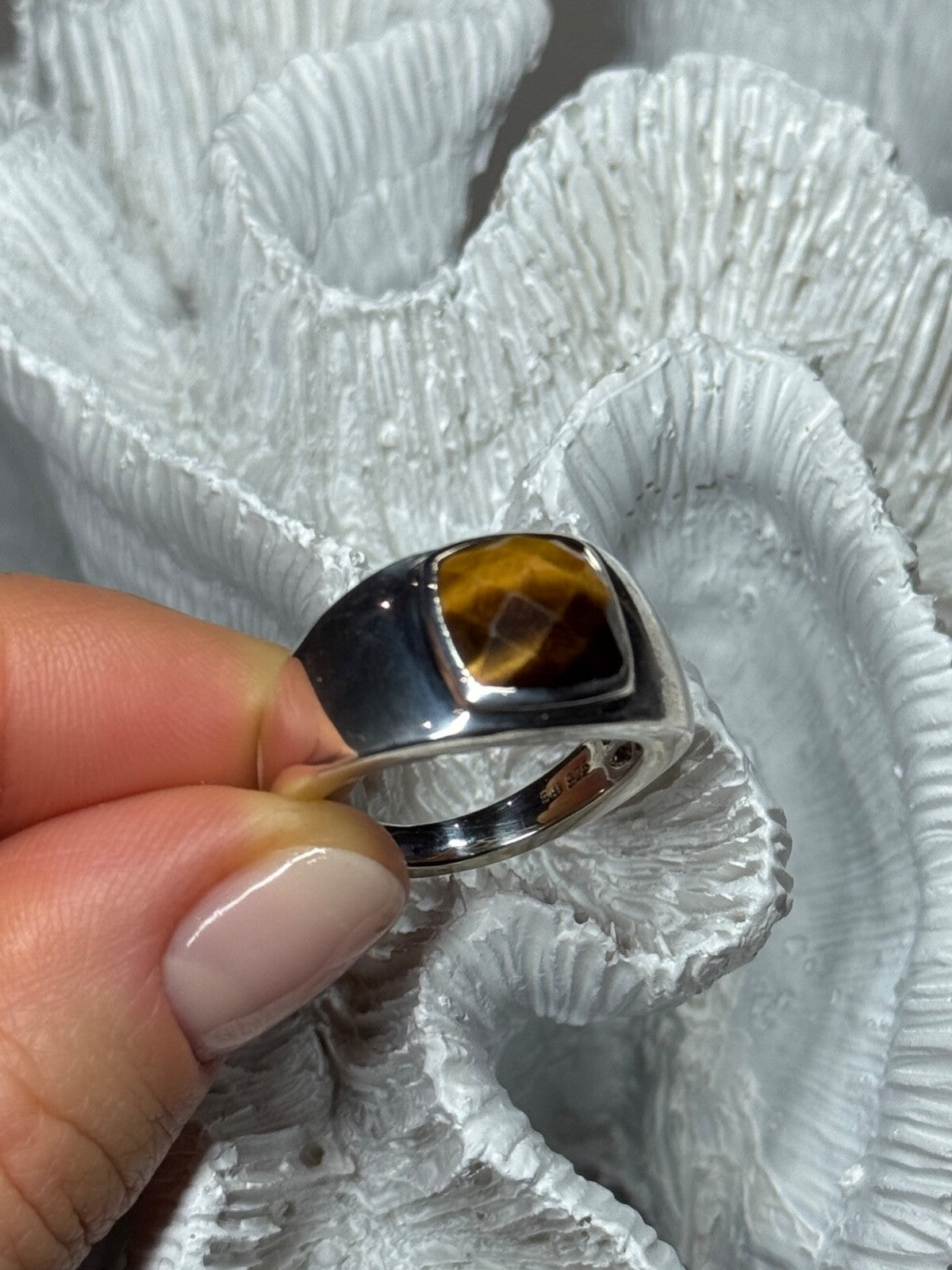 925 Sterling Silver Amber Men'S Ring Size 8