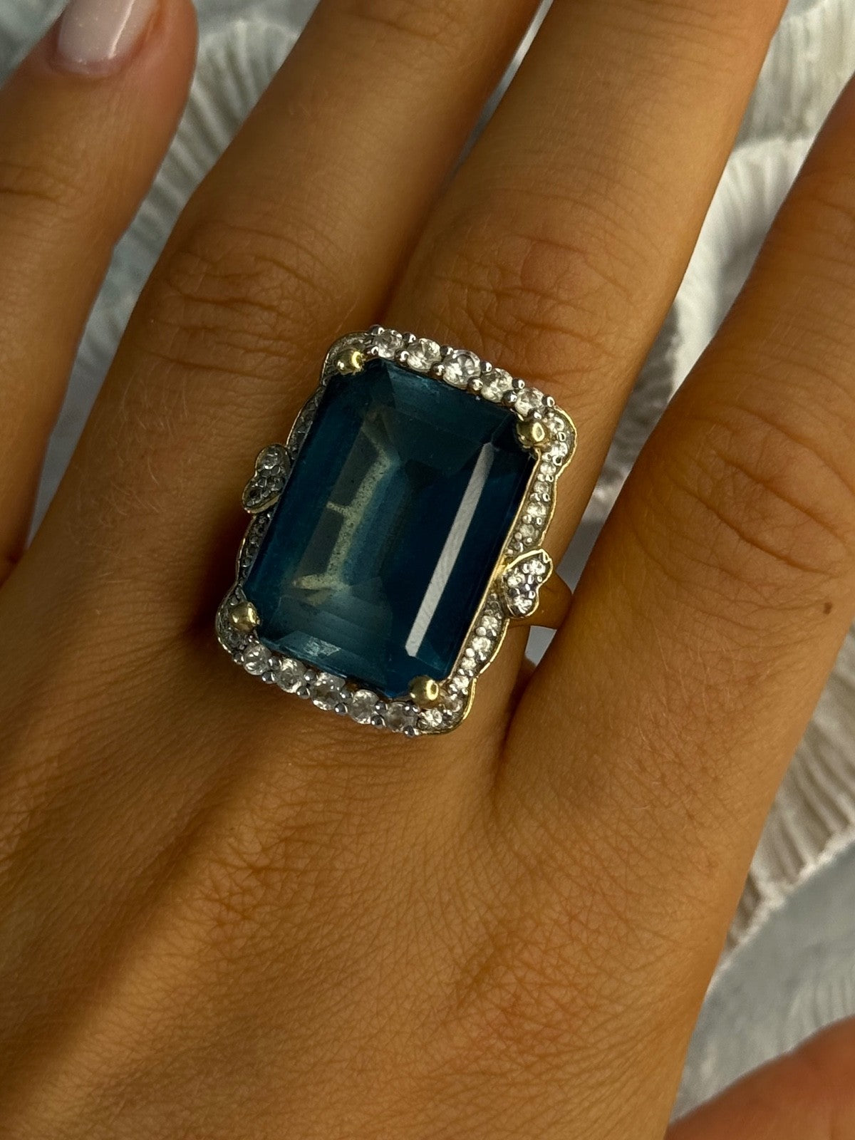 925 Sterling Silver Gold Plated Sapphire & Beryl Ring Size 9