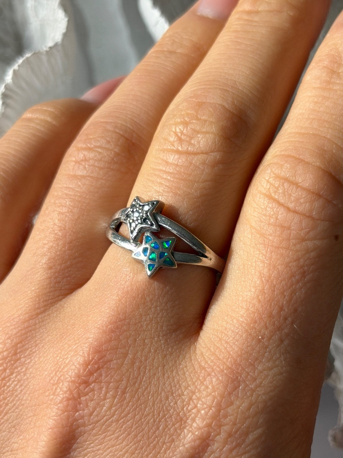 925 Sterling Silver White Topaz & Opal Stars Ring Size 8