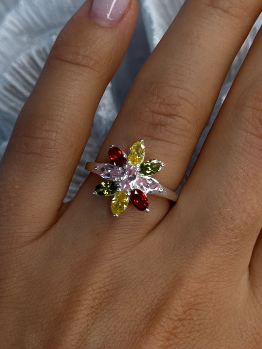 925 Sterling Silver Multi Color Spinel Flower Ring Size 7