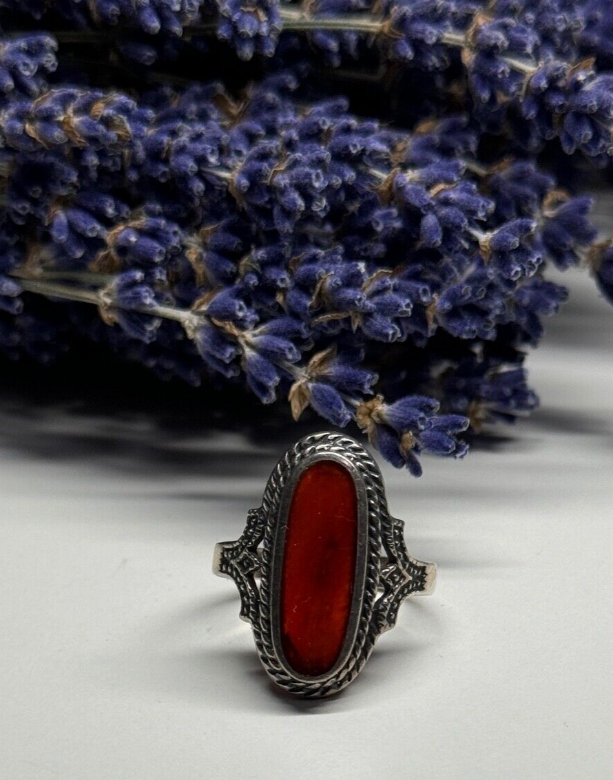 925 Sterling Silver Amber Ring Size 8