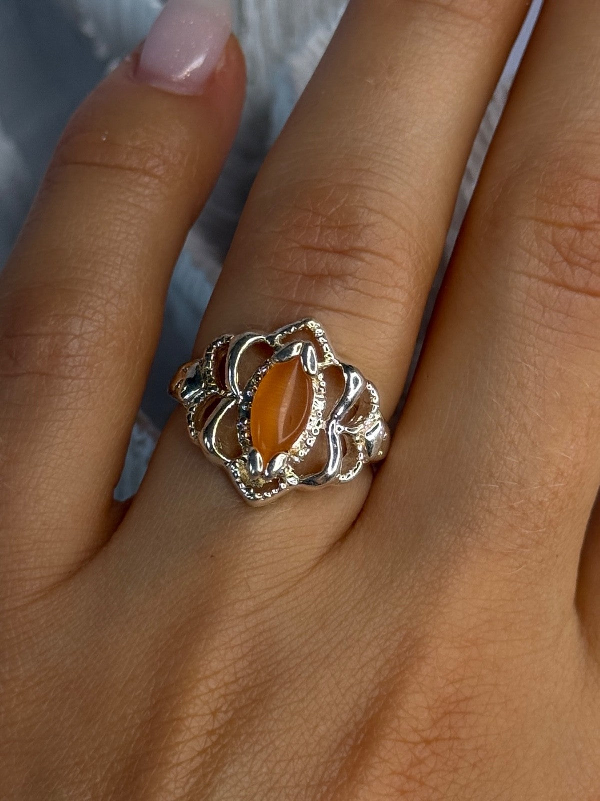 925 Sterling Silver Orange Agate Ring Size 6.5
