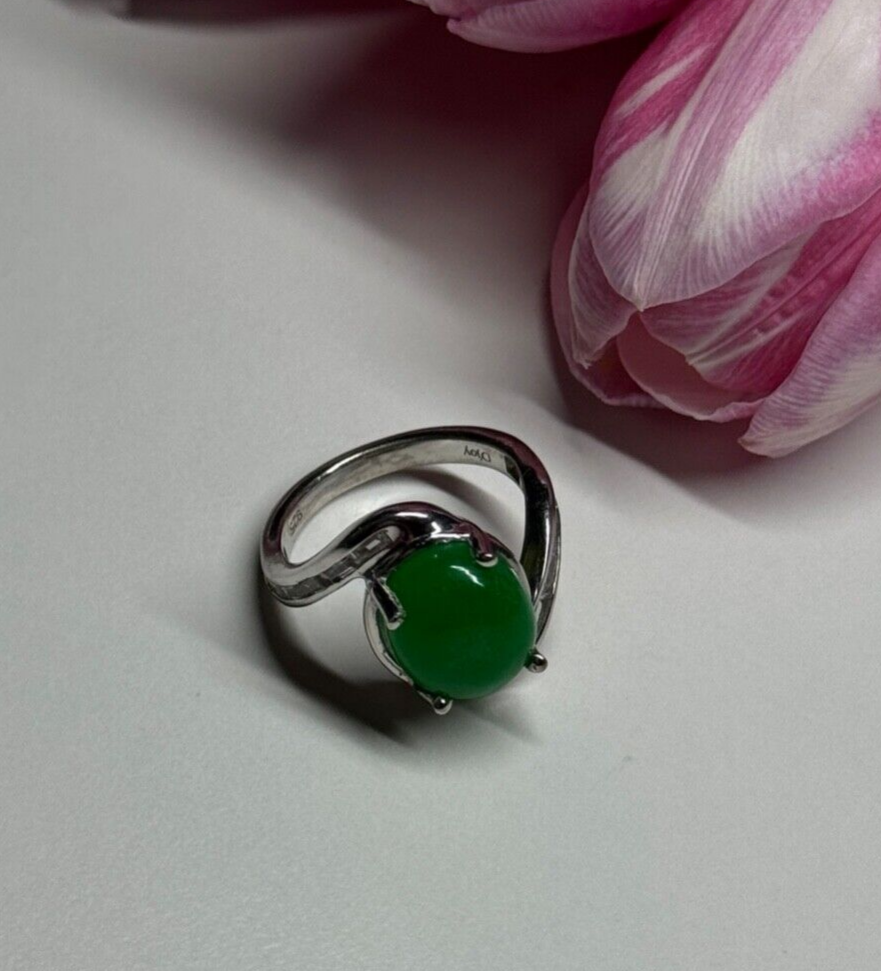D'Joy 925 Sterling Silver Green Nephrite & White Beryl Ring Size 6.5