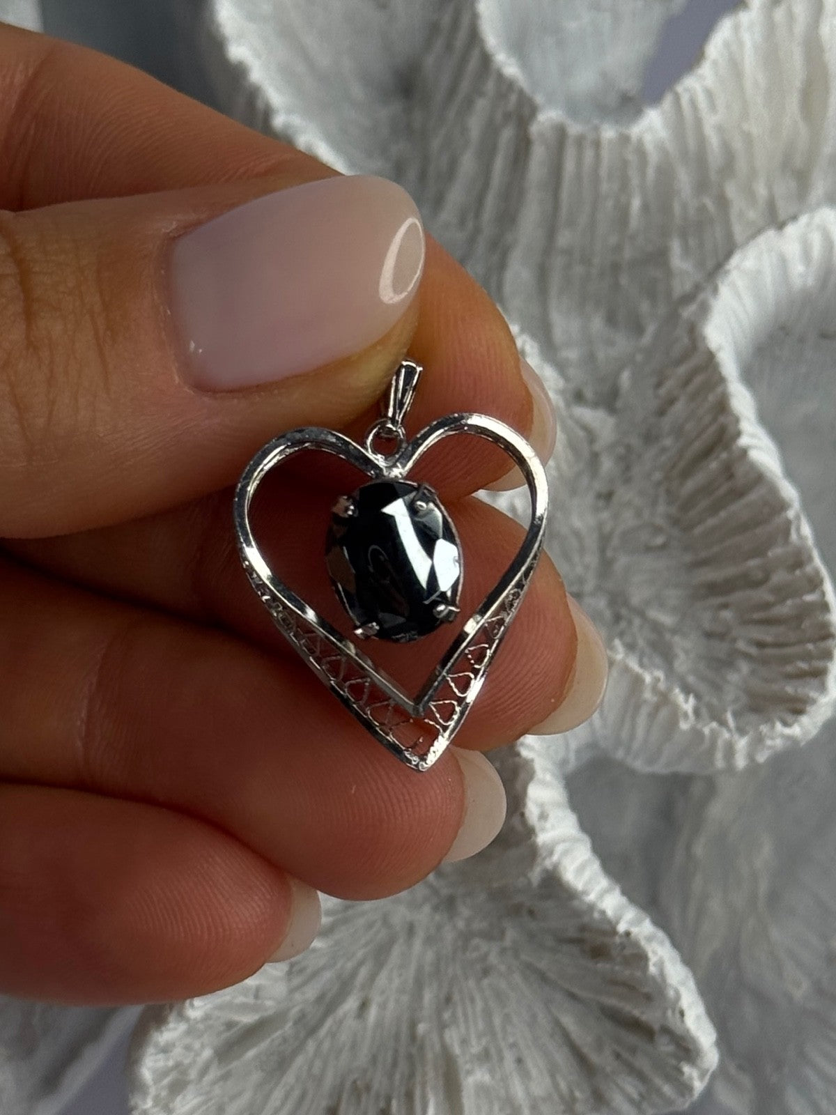 925 Sterling Silver Hematite Heart Pendant Length 1 Inch
