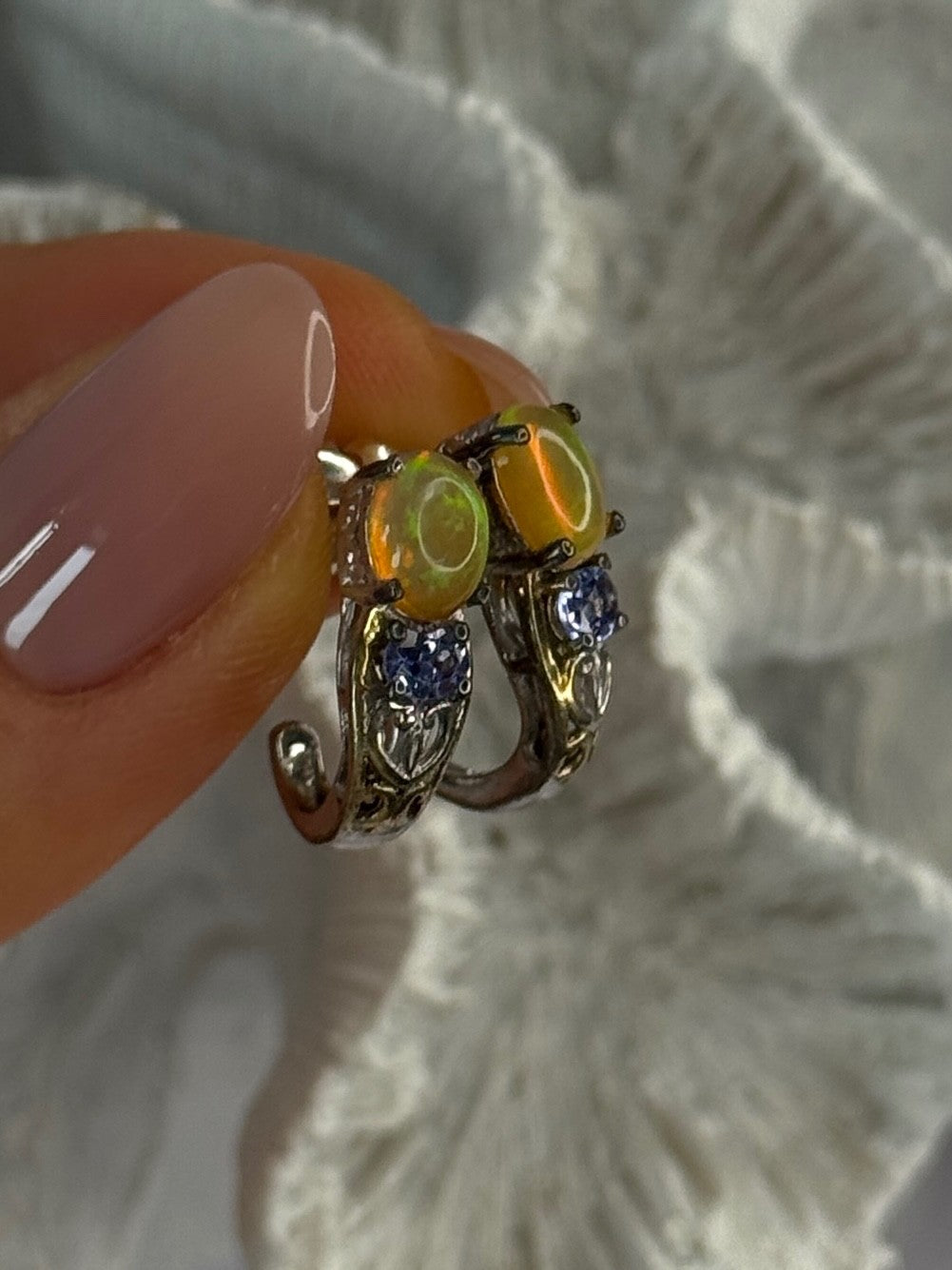 925 Sterling Silver Yellow Opal & Tanzanite Earrings Length 0.70 Inch