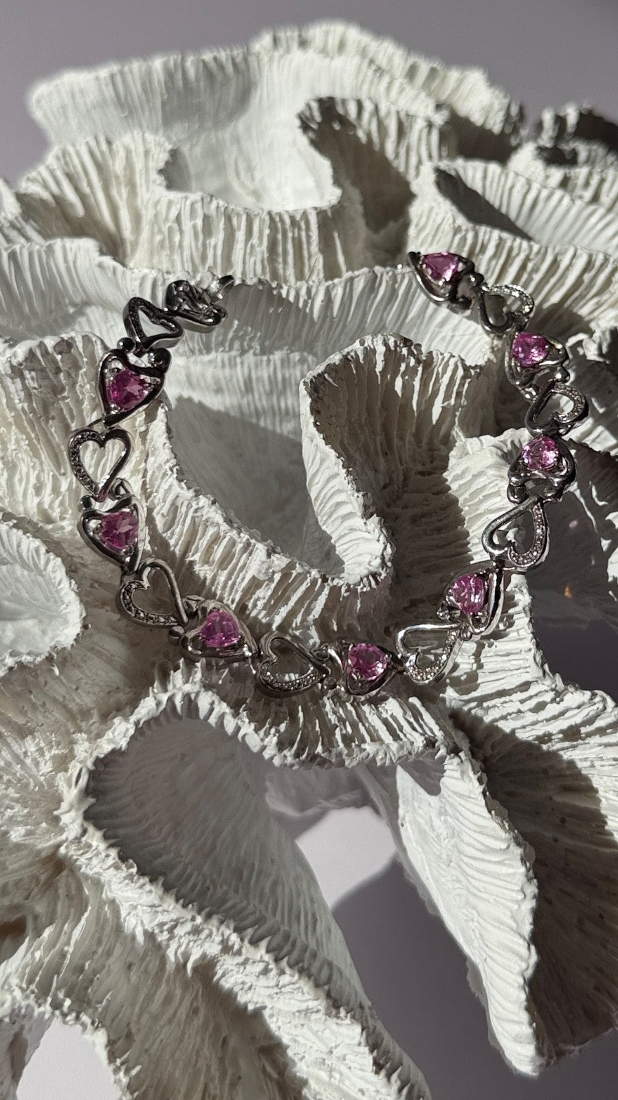 925 Sterling Silver Pink Sapphire Heart Bracelet Length 7.5