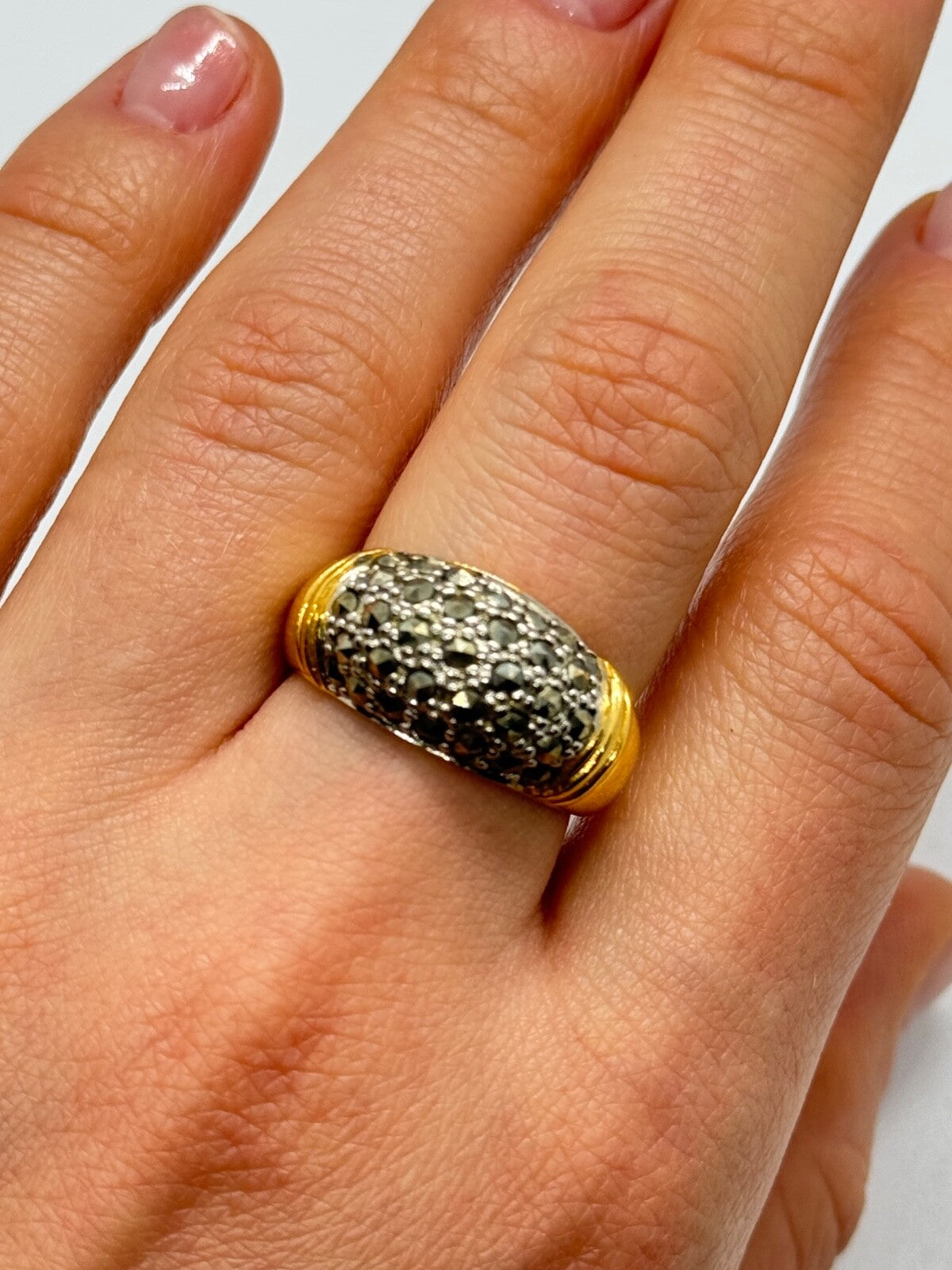925 Sterling Silver Gold Plated Marcasite Ring Size 8