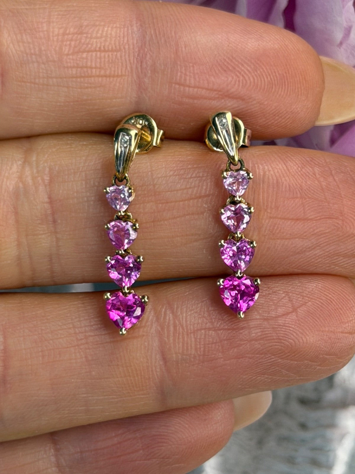 10K Yellow Gold Pink Sapphire & Diamond "Hearts" Earrings