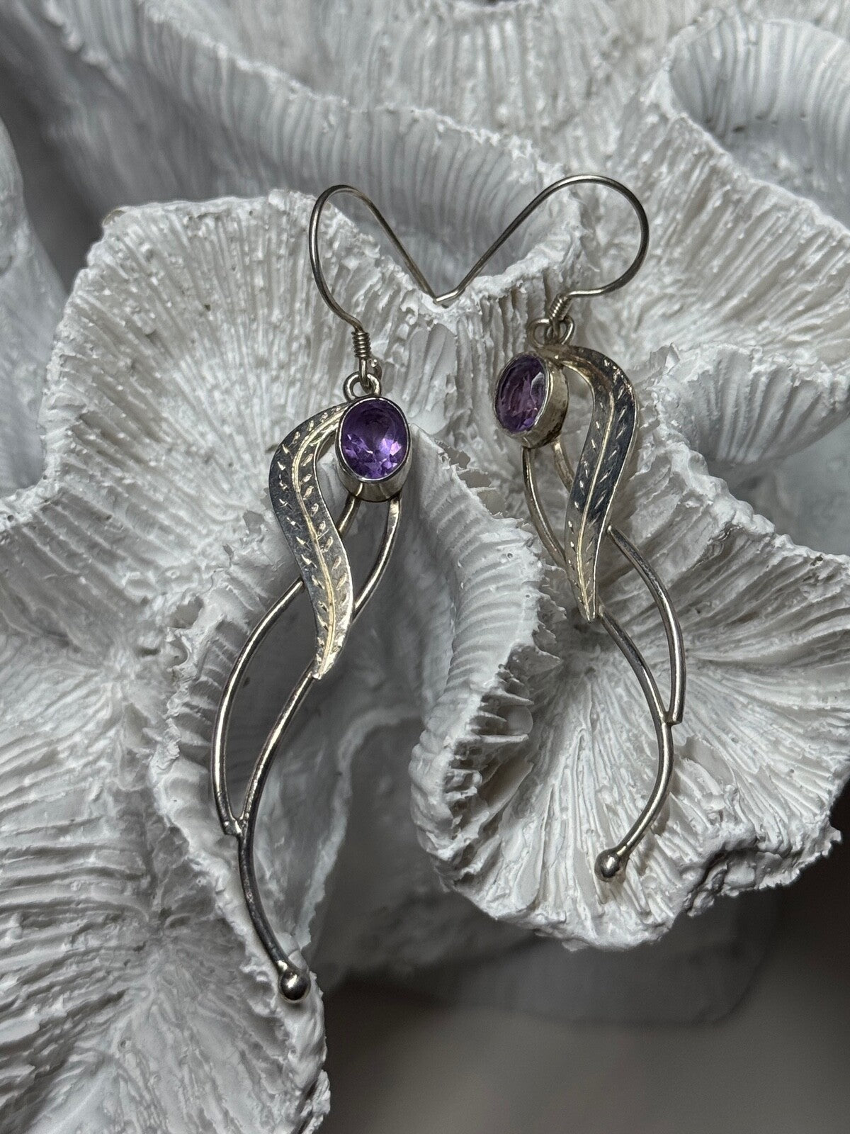 925 Sterling Silver Amethyst Earrings Length 2.6 Inch