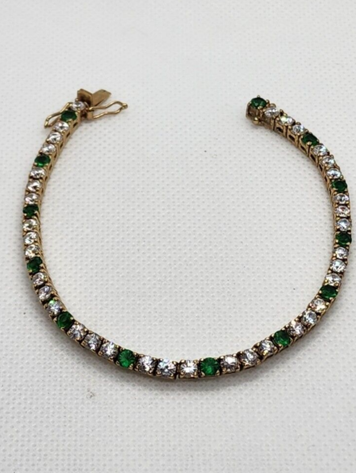 925 Sterling Silver Vermeil Emerald AND Quartz Bracelet Size 7 IN