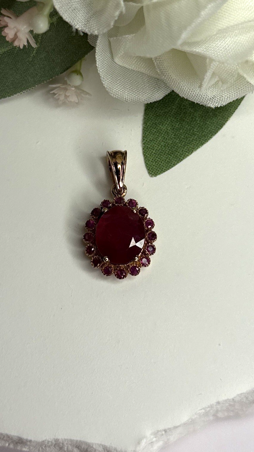 925 Sterling Silver Pink Gold Plated Ruby Flower Pendant