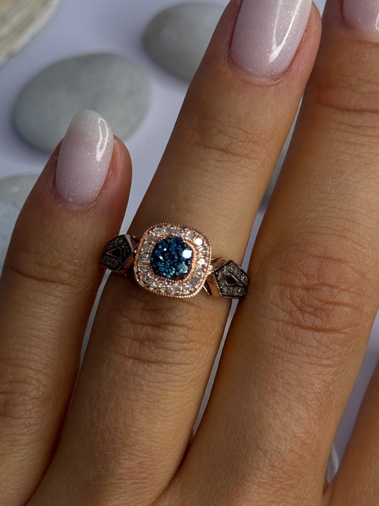10K Rose Gold 0.5 Carat Clear & Teal Blue Dimond Ring Size 6