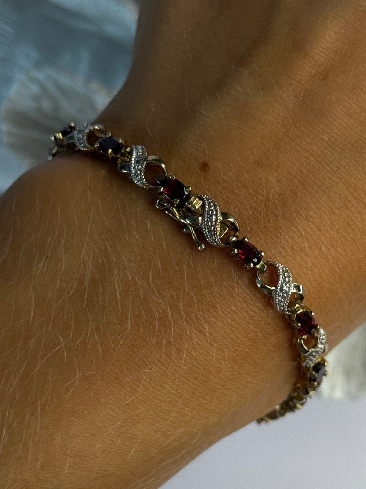 925 Sterling Silver Gold Plated Garnet Bracelet Length 7.5