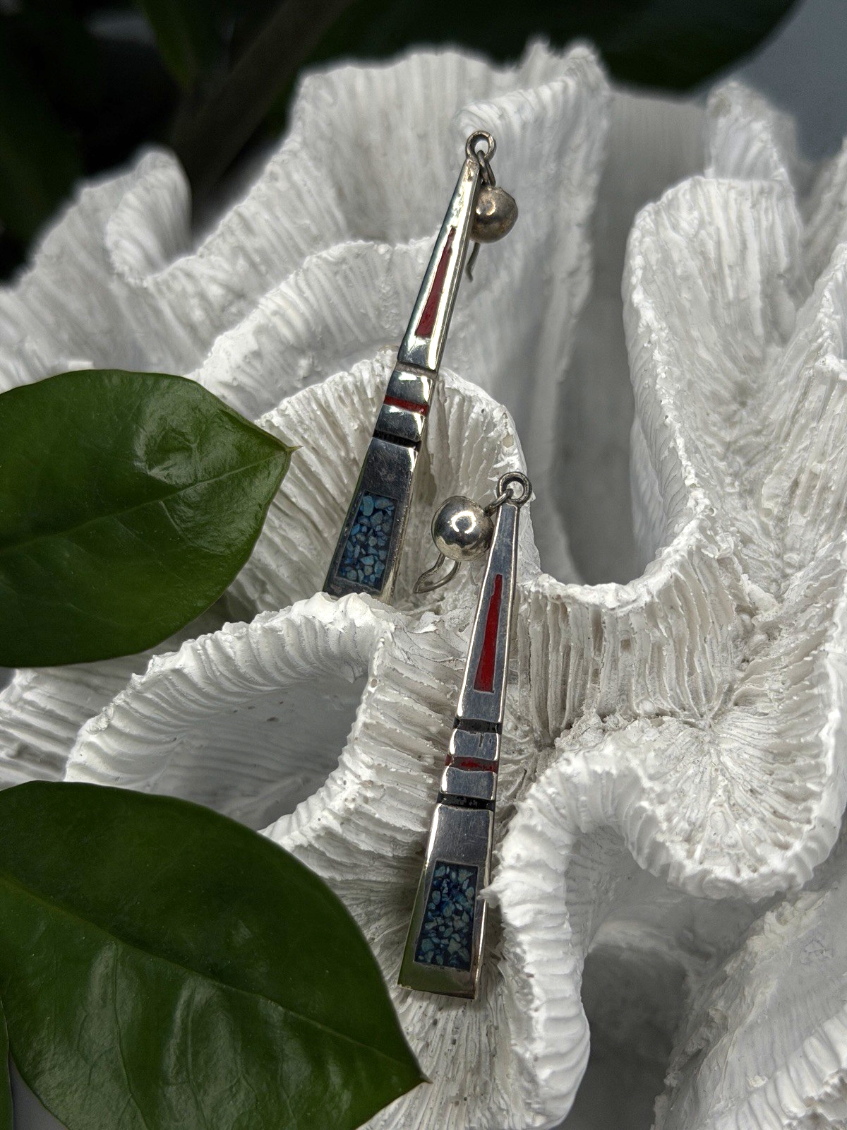 Navajo 925 Sterling Silver Turquoise & Coral Dangle Earrings