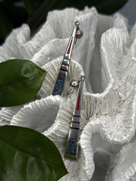 Navajo 925 Sterling Silver Turquoise & Coral Dangle Earrings
