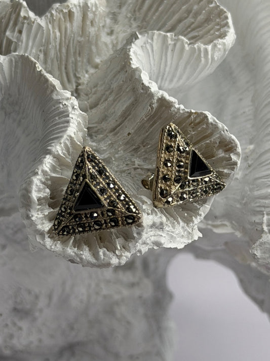Vintage 925 Sterling Silver Onyx & Marcasite Earrings