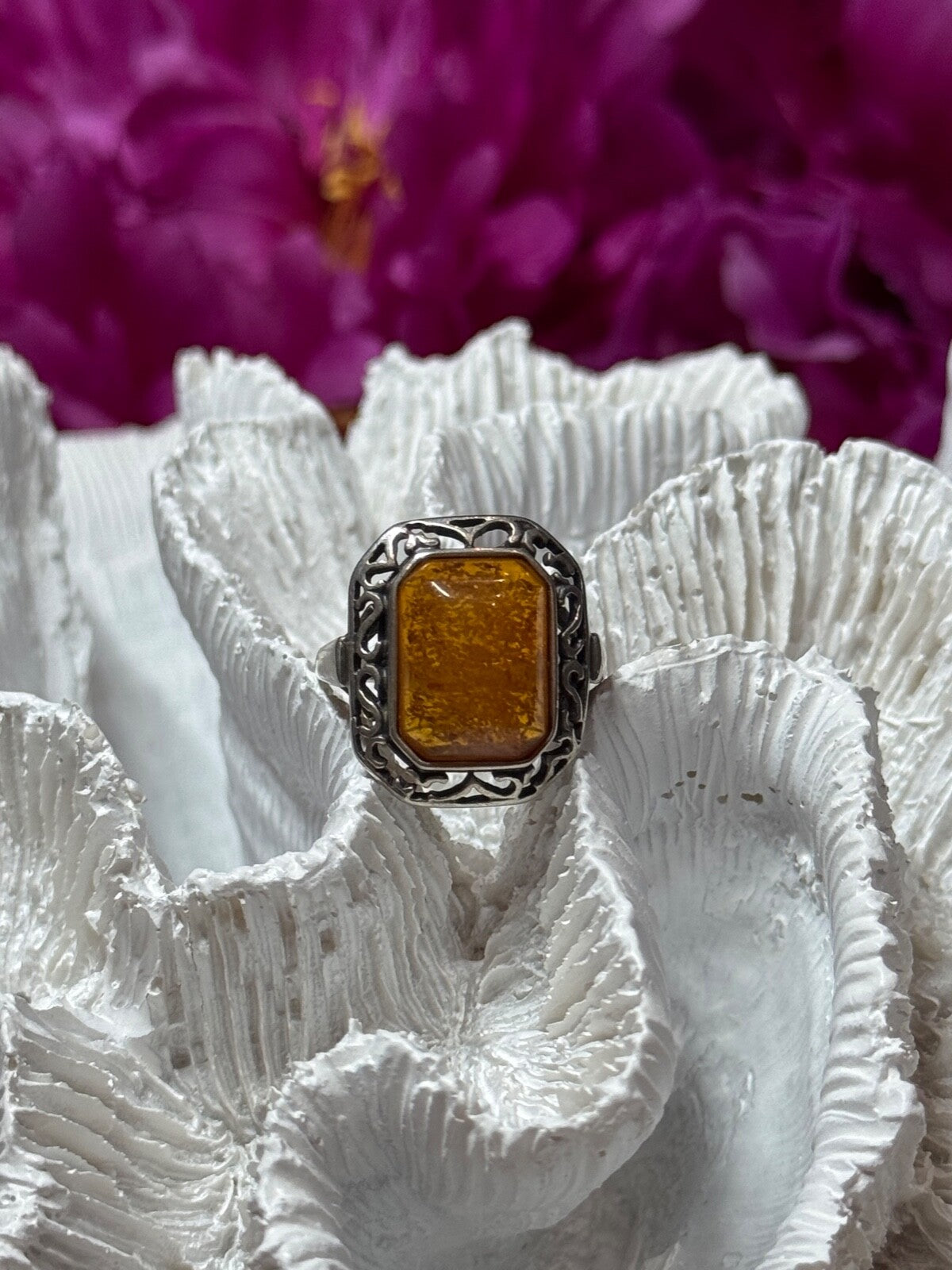 925 Sterling Silver Amber Ring Size 5