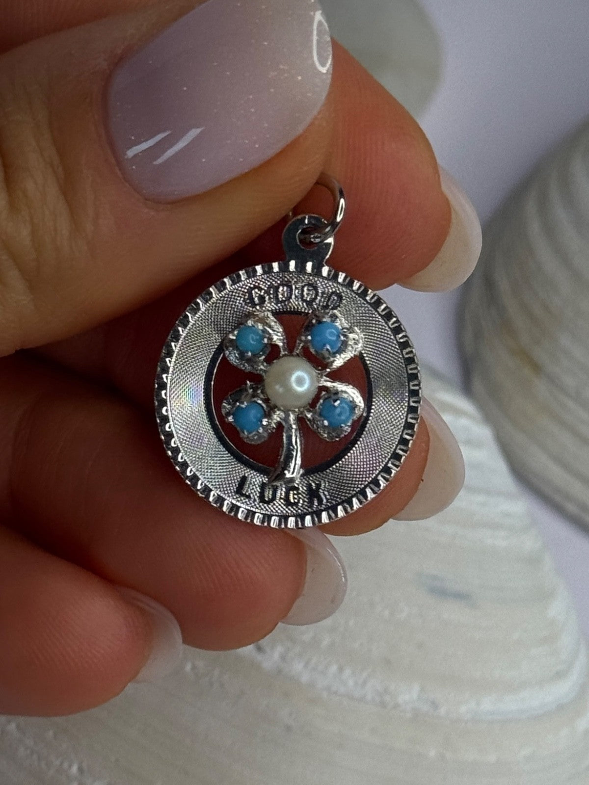 M&M 925 Sterling Silver Good Luck Pearl & Larimar Pendant Length 1.10 Inch
