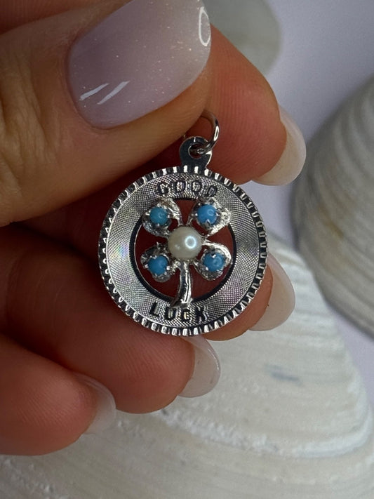 M&M 925 Sterling Silver Good Luck Pearl & Larimar Pendant Length 1.10 Inch