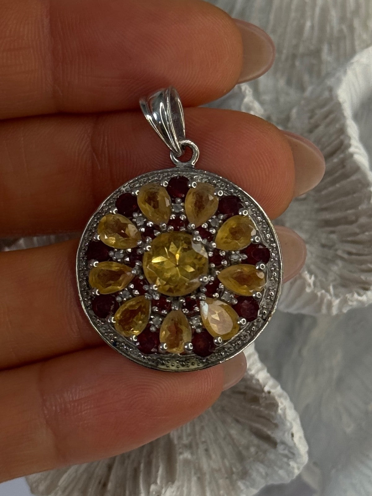 925 Sterling Silver Citrine Garnet Diamond Pendant Length 1.50 Inch