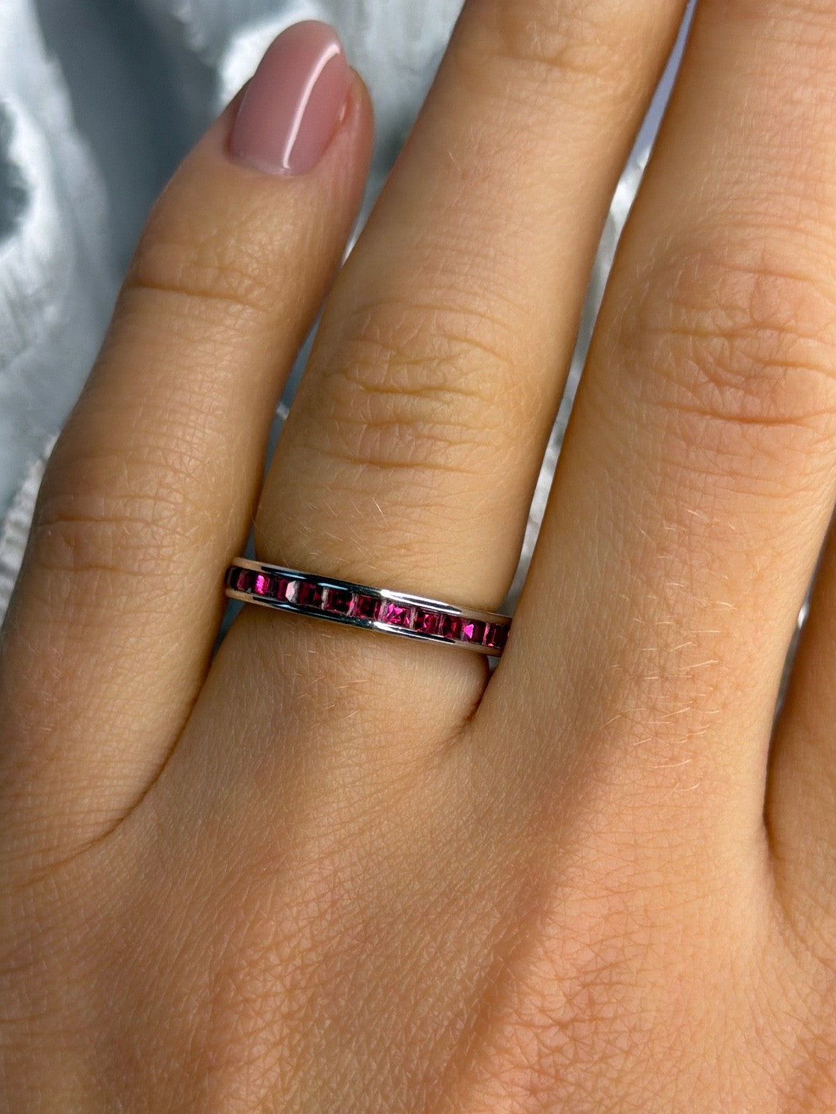 925 Sterling Silver Pink Spinel Band Ring Size 6