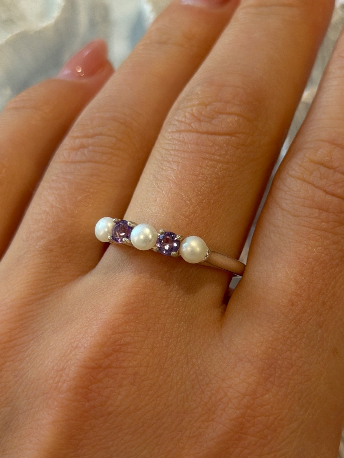 925 Sterling Silver Amethyst & Pearl Ring Size 11