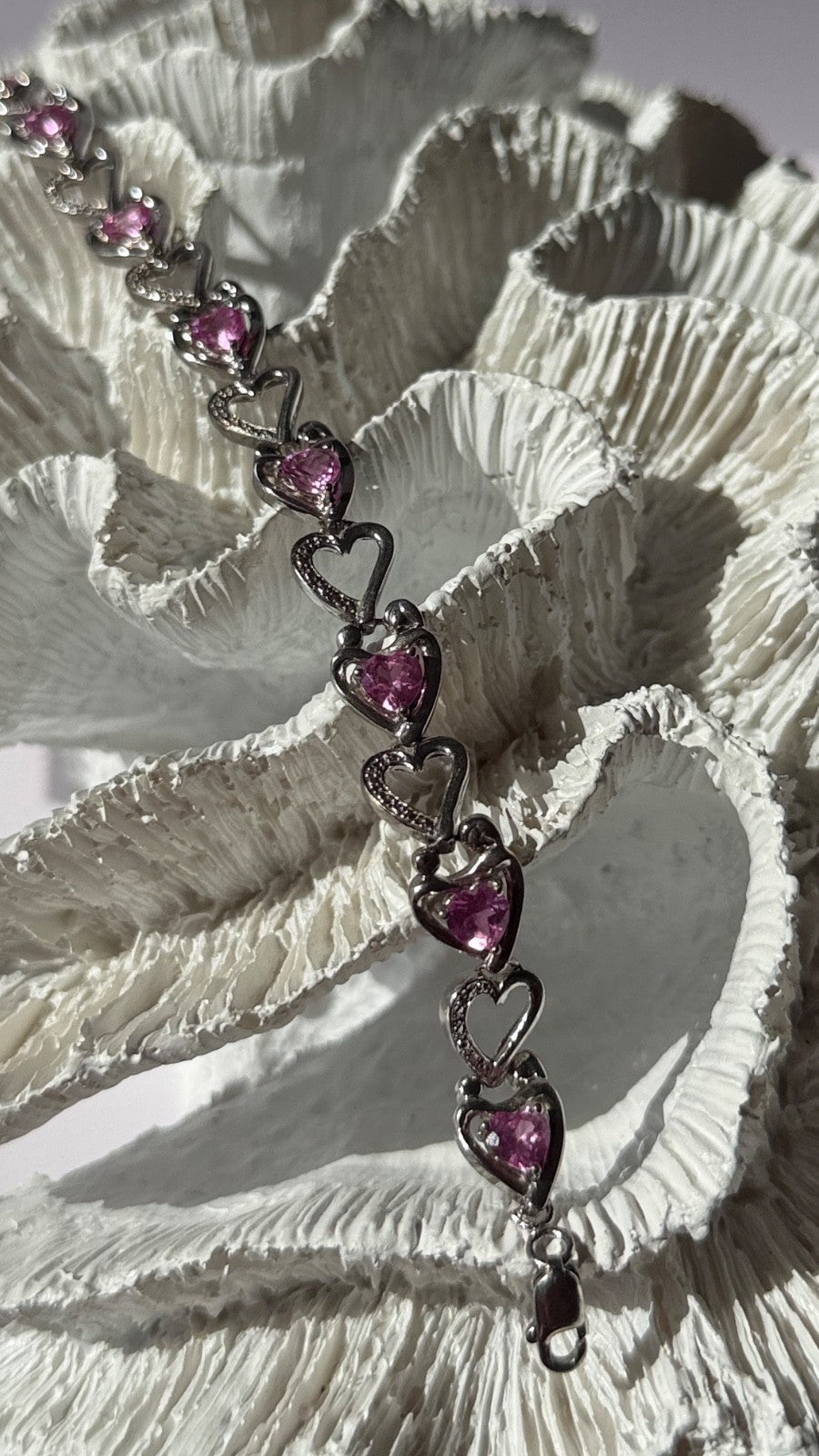 925 Sterling Silver Pink Sapphire Heart Bracelet Length 7.5
