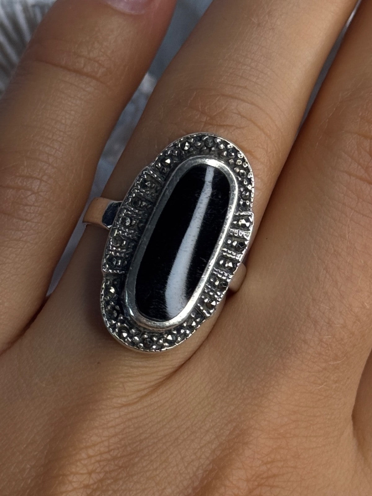 Vintage 925 Sterling Silver Onyx & Marcasite Ring Size 6.5