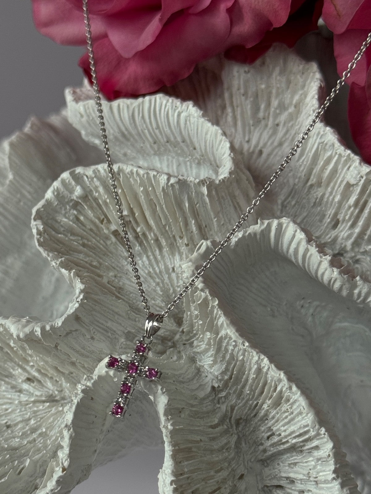 14K White Gold Cross/18K White Gold Chain Pink Sapphire & Diamond Cross Necklace