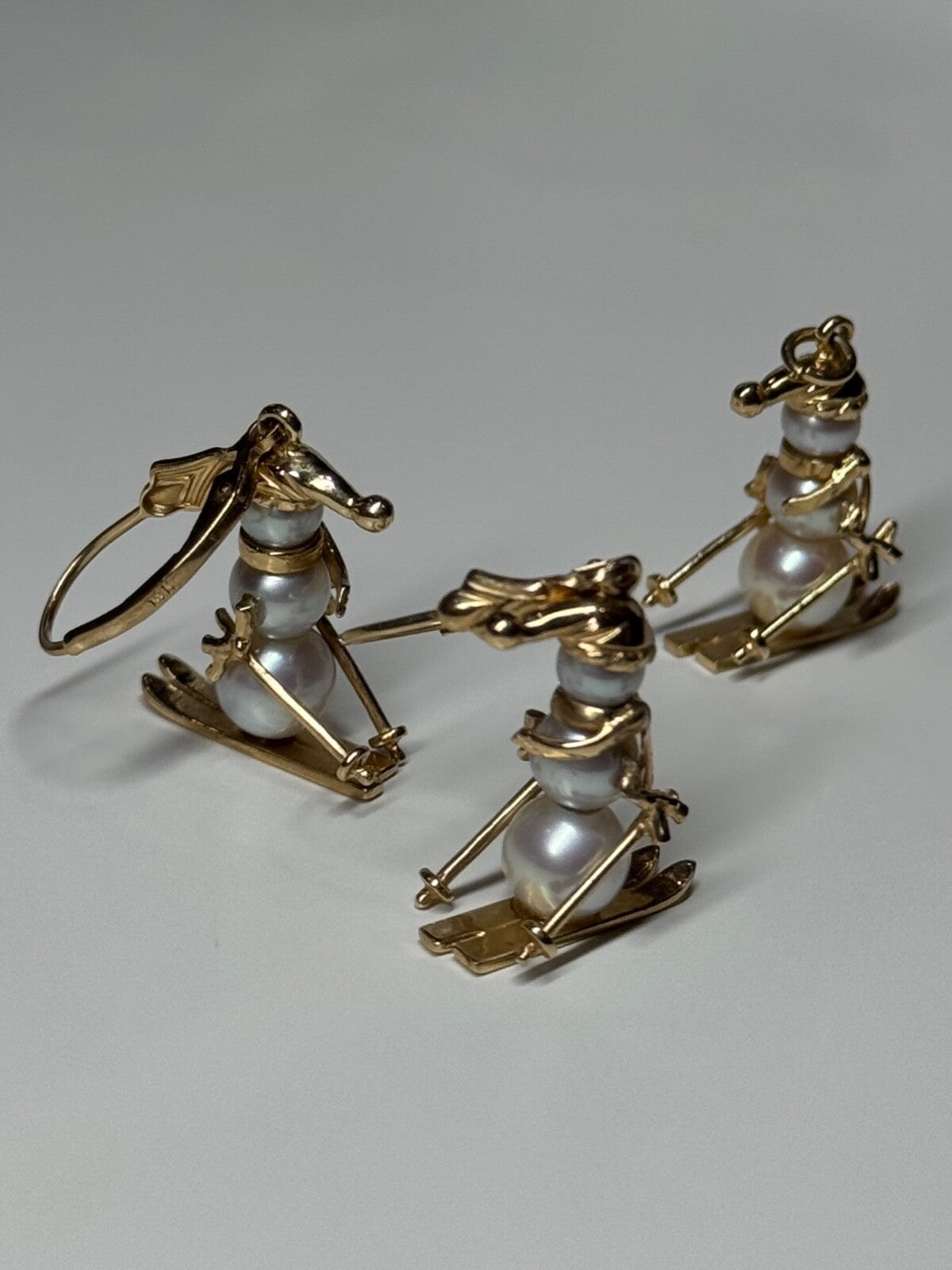 14K Yellow Gold Pearls Earrings & Pendant Skiing Snowmens ON Skis