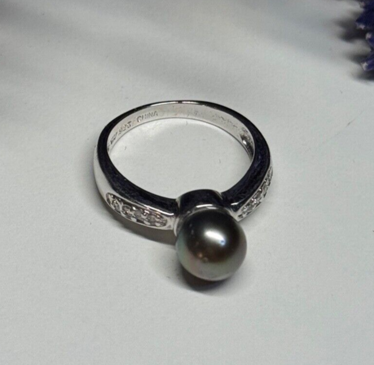 925 Sterling Silver Pearl & Beryl Ring Size 5.5
