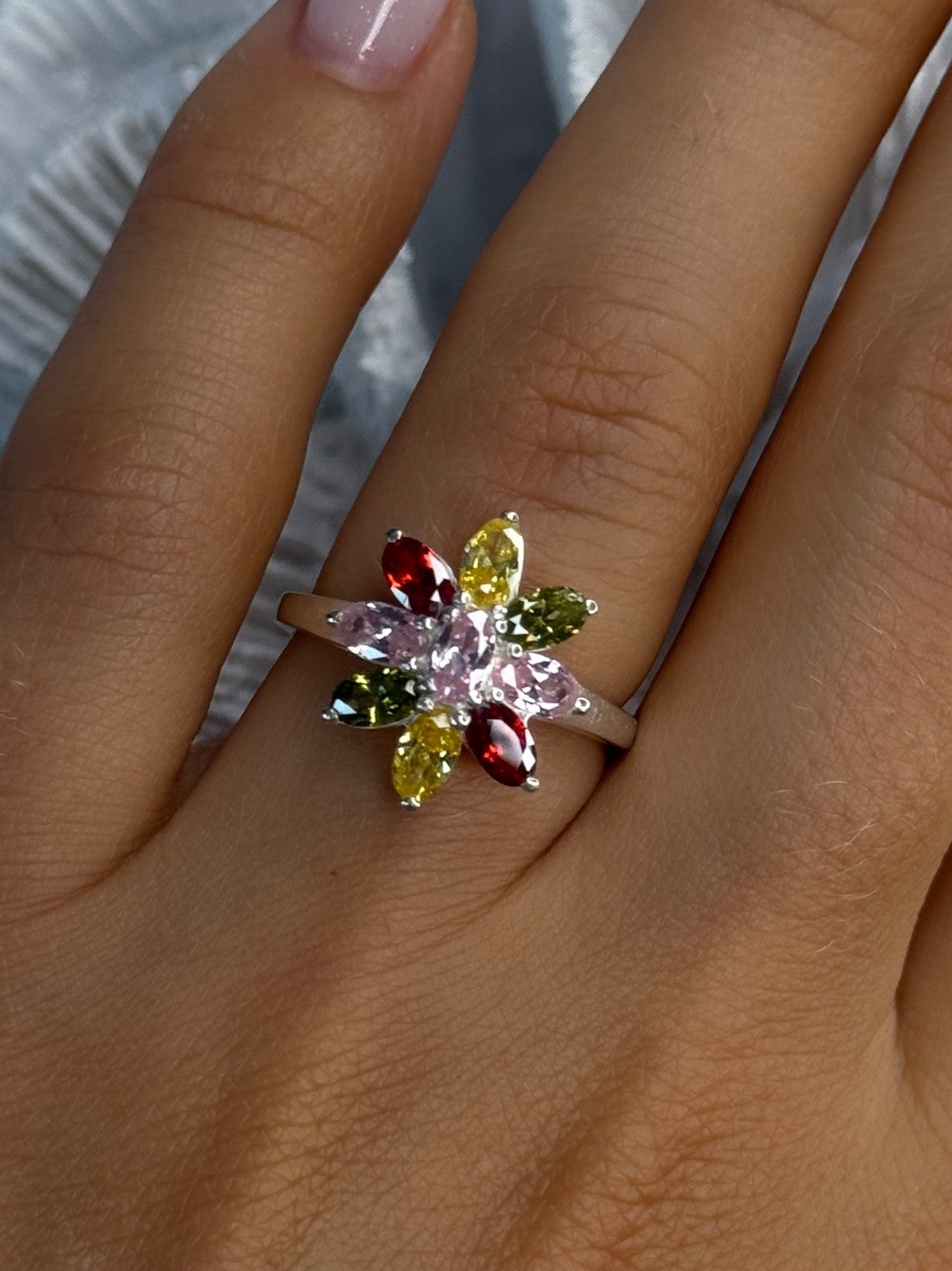 925 Sterling Silver Multi Color Spinel Flower Ring Size 7
