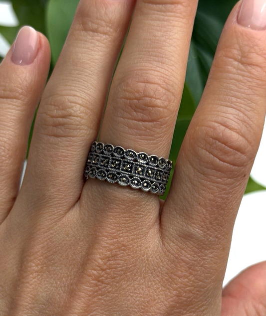 Vintage Art Deco Style 925 Sterling Silver Marcasite Band Ring Size 9