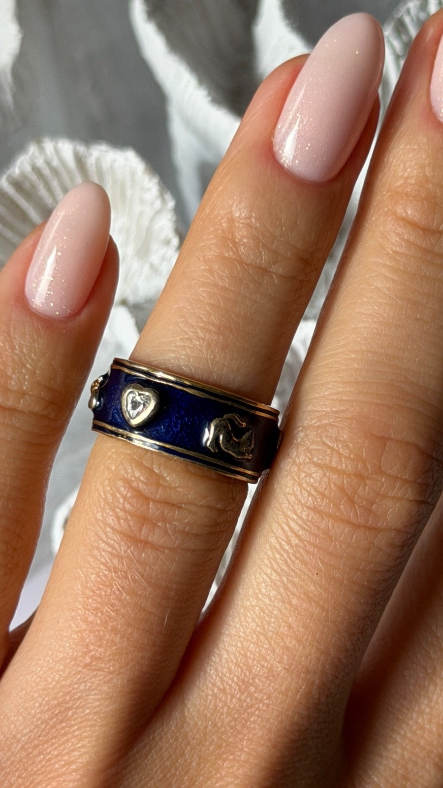 925 Sterling Silver Gold Plated Blue Enamel Cats Ring Size 6