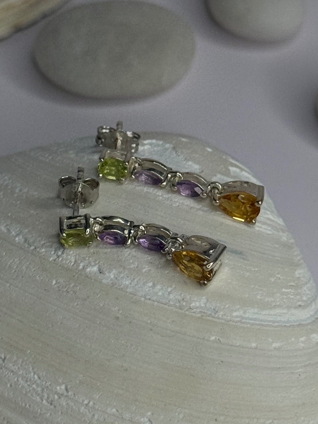 925 Sterling Silver Peridot & Amethyst & Citrine Earrings Length 0.90 Inch