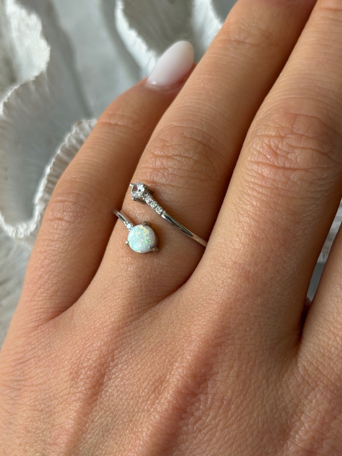 Adjustable 925 Sterling Silver Opal & Beryl Ring