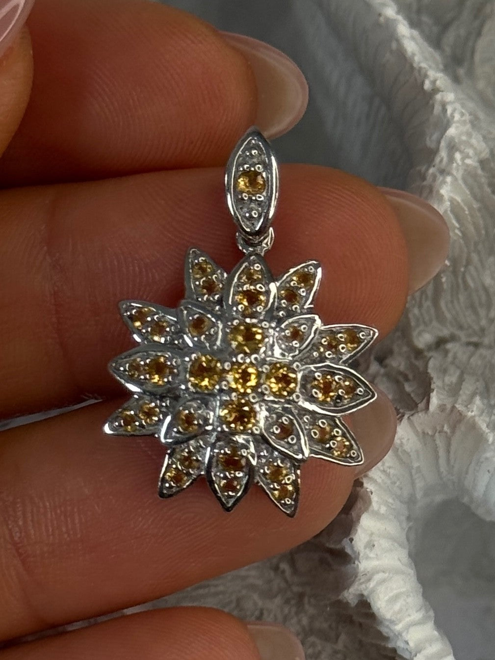 925 Sterling Silver Citrine Flower Pendant Length 1.15 Inch