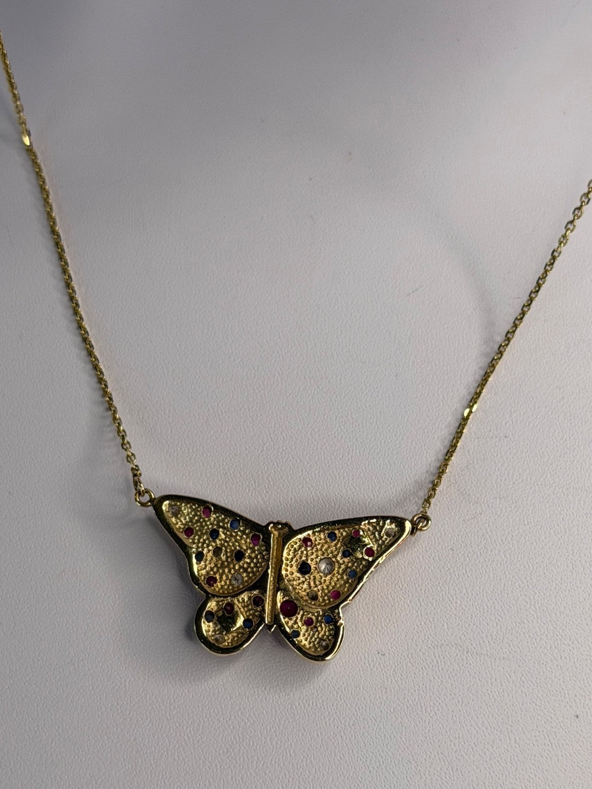 14K Yellow Gold Topaz Ruby Sapphire Diamond Necklace Butterfly